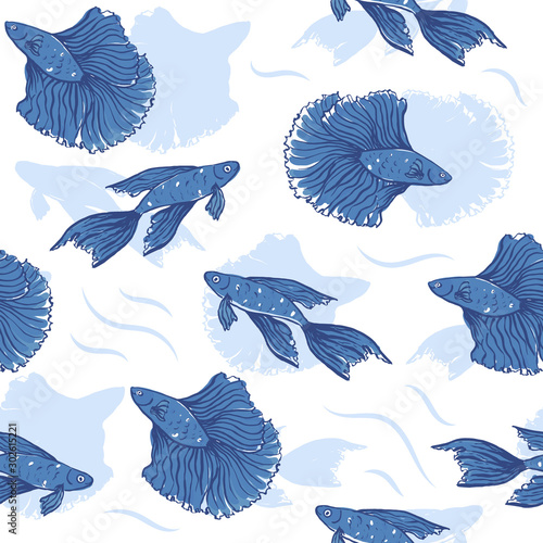 seamless pattern with beautiful fish. Vector embroidery for fashion textile and fabric