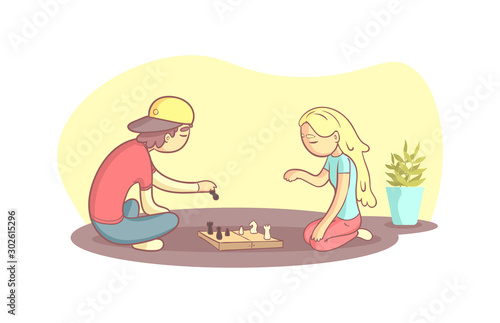 Girl And Guy Sitting on the Floor and Playing Chess Vector Illustration