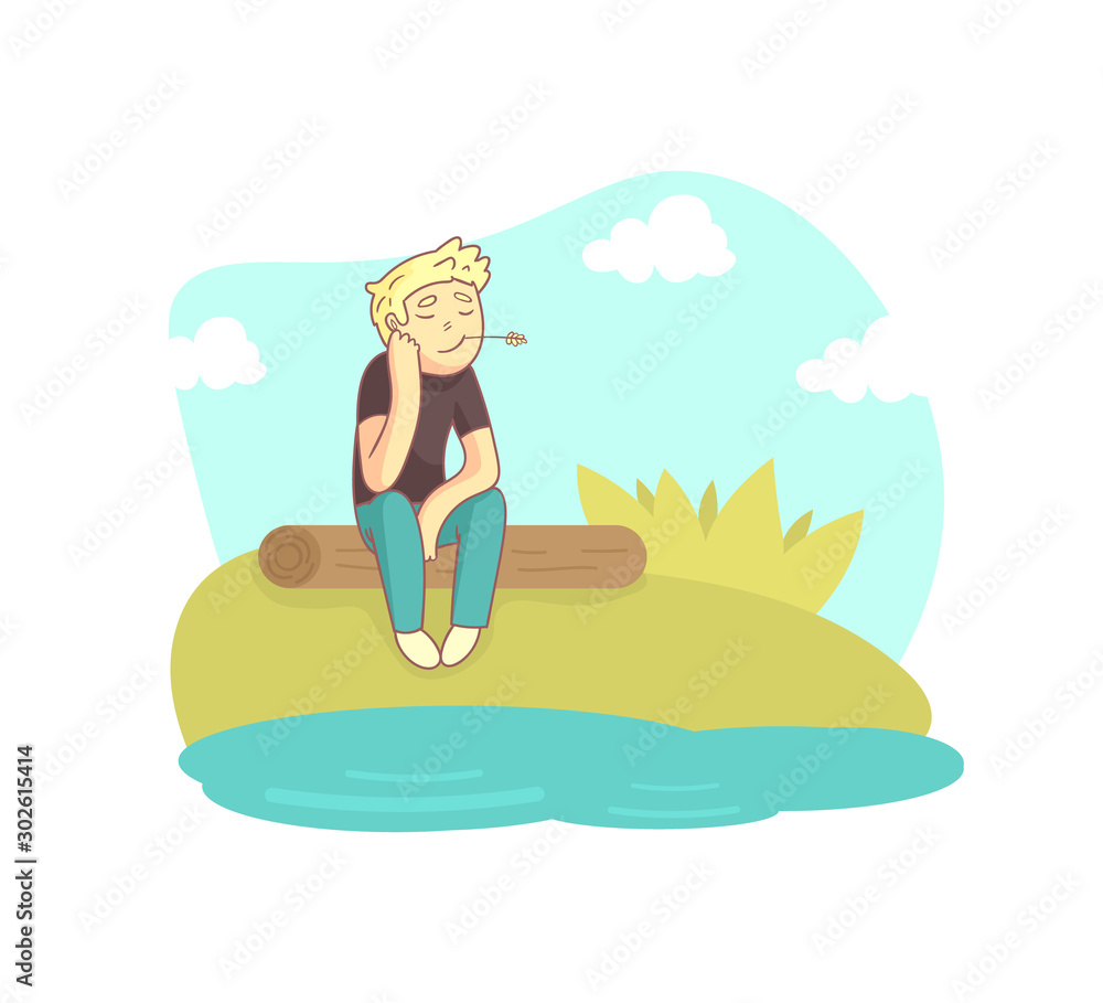 Guy Sitting on a Log Near the Pond, Person Enjoying Beautiful Nature Vector Illustration