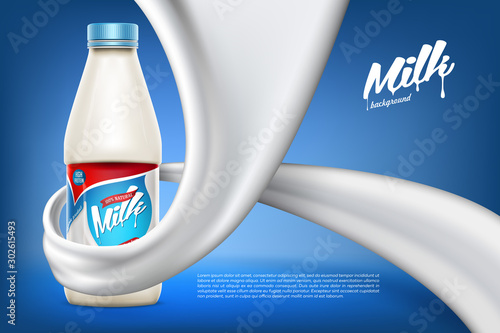 Vector milk bottle  ready mockup for your design. Beverage product concept background banner realistic illustration with milk or yogurt swirl and milk bottle.