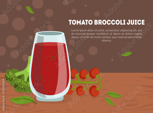 Tomato and Broccoli Juice Banner Template with Space for Text, Fresh Detox Smoothie Vector Illustration