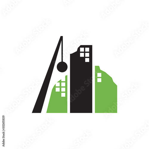 building demolition logo design vector with wrecking ball icon illustration