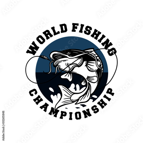 catfish jump on the water catch hook world fishing championship logo badge. can also be used on t shirts