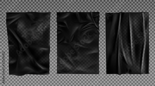 Black wet paper, bad glued wheatpaste set. Wrinkled and creased sheets with crumpled texture isolated on transparent background, blank posters mock up for ads design. Realistic 3d vector illustration