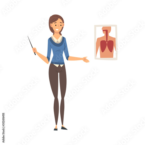 Female Teacher Standing Beside Chalkboard and Explaining Biology Lesson Vector Illustration