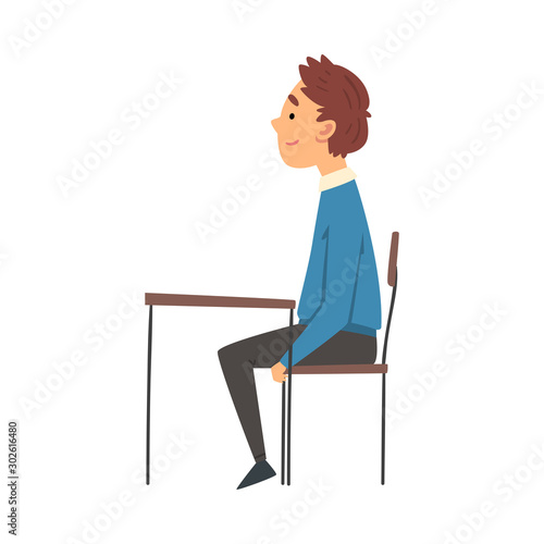 Cute Boy Sitting at the Desk in Classroom and Attentively Listening, Side View Vector Illustration