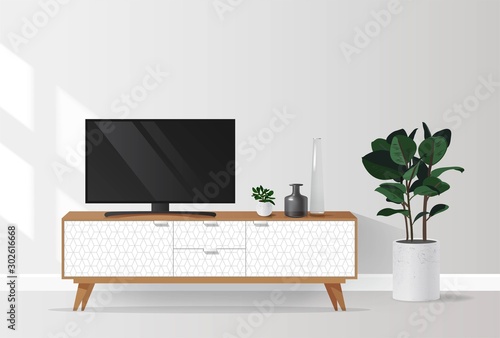 Tv cabinet in modern living room. Vector illustration