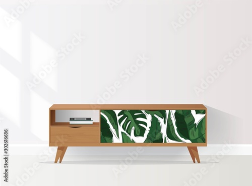 Wooden sideboard with tropical pattern in living room. Vector illustration