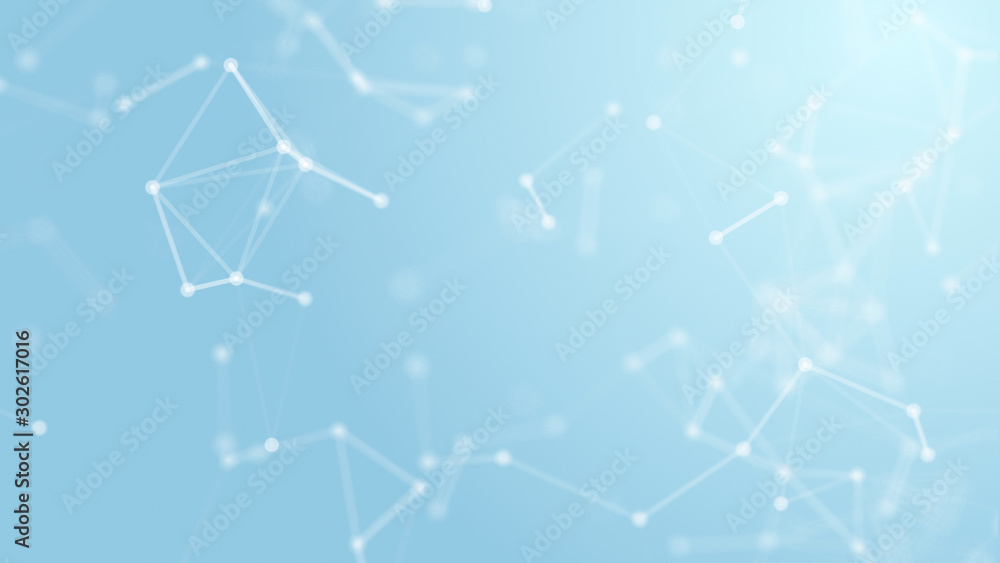 3D Abstract white geometry flying wireframe network and connecting dot space on blue background. Security futuristics computer and science concept. Abstract technology graphic design illustration.