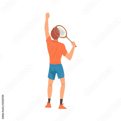 Male Tennis Player with Tennis Racket, Athlete Character in Uniform Taking Part in Competition, View From Behind Vector Illustration