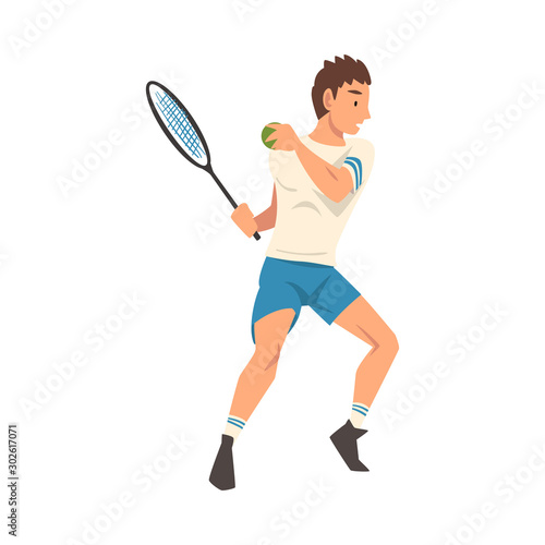 Tennis Player with Racket, Male Athlete Character in Uniform Taking Part in Competition Vector Illustration