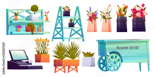 Flower shop set, potted plants on shelves, cashier and decoration isolated on white background, floristic store interior items with blossom compositions for sale. Cartoon vector illustration, clip art