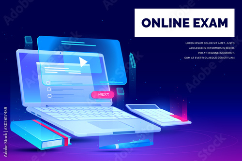 Online exam, distant education landing page, laptop with task checklist and video application for webinars and school stationery neon glowing futuristic background. Cartoon vector illustration, banner
