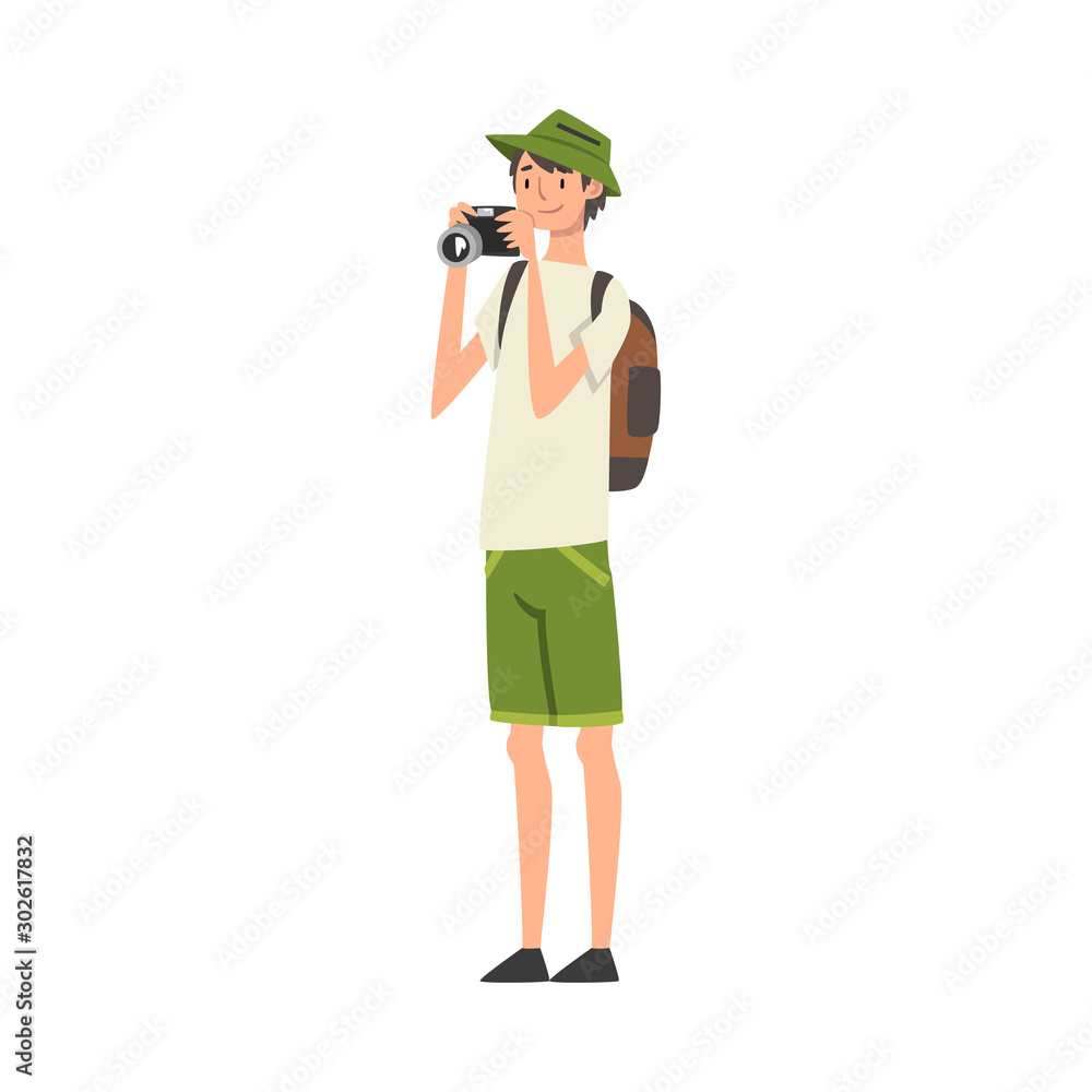 Cheerful Tourist Man Taking Photography on Vacation Vector Illustration
