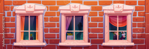 Windows of house or castle, brick wall facade with vintage casements decorated with curtains and home plants, cat sitting on windowsill inside, building archeticture design Cartoon vector illustration