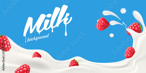 Splashing milk wave with raspberry vector illustration