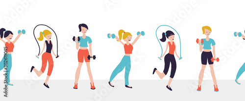 Women fitness workout exercises seamless vector border. Illustration Sport club gym bodybuilding powerlifting health training dumbbells jump rope. Healthy lifestyle. Crossfit isolated flat icons