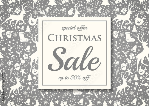 Christmas Sale poster with decorations. Vector.