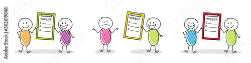 Group of hand drawn cartoon people holding empty wishlist. Vector