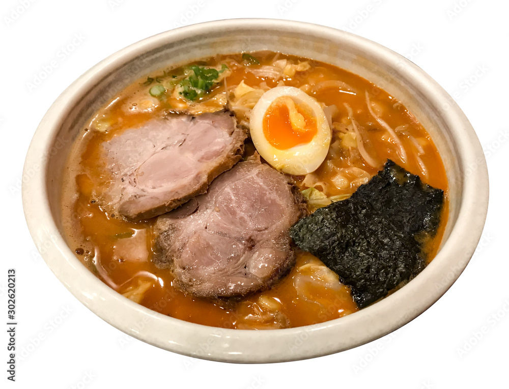 Gourmet of roasted pork fillet japanese ramen with seaweed sheet and boiled egg. Isolated on white background with clipping path Gourmet of roasted pork fillet japanese ramen with seaweed sheet and boiled egg. Isolated on white background with clipping path