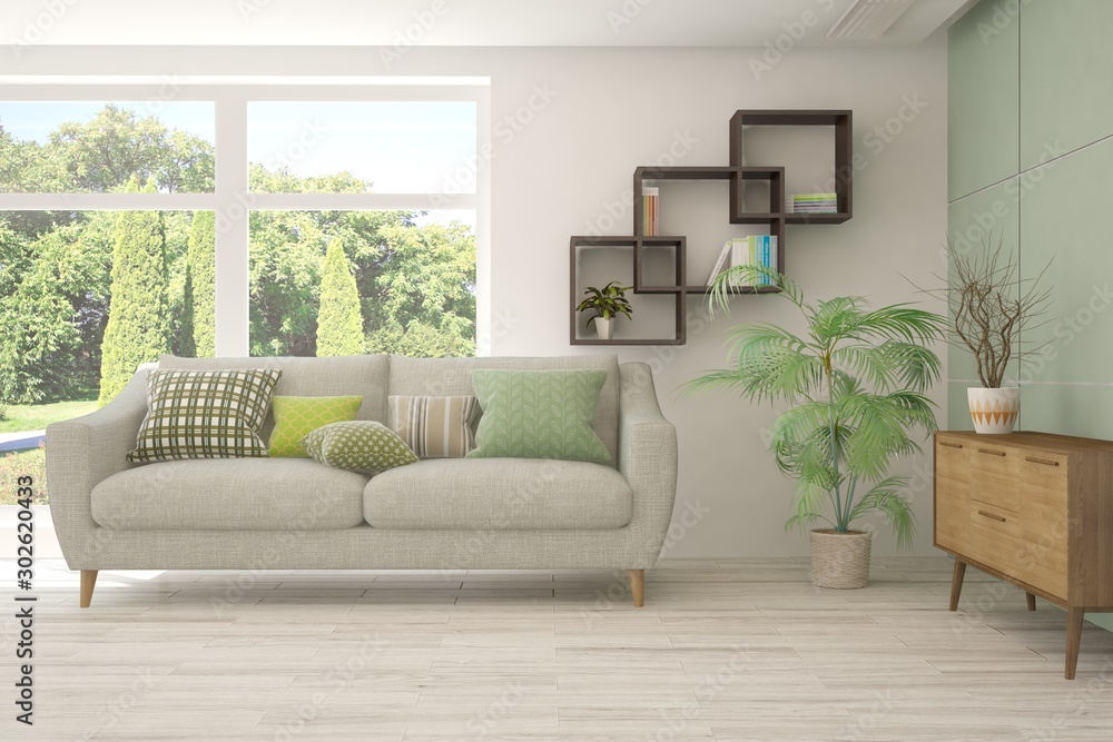 Stylish room in white color with sofa and summer landscape in window. Scandinavian interior design. 3D illustration Stylish room in white color with sofa and summer landscape in window. Scandinavian interior design. 3D illustration