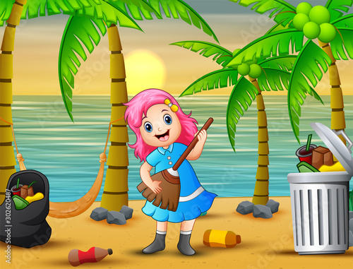 Cartoon happy litttle girl cleaning the beach