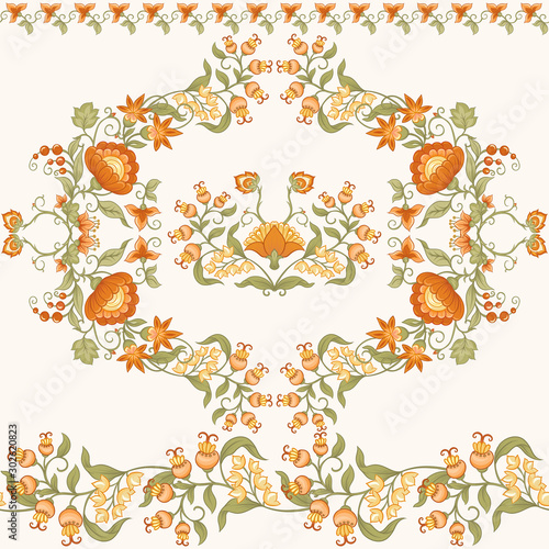 Tradition mughal motif, fantasy flowers in retro, vintage style. Seamless pattern, background. Vector illustration in beige and orange colors.