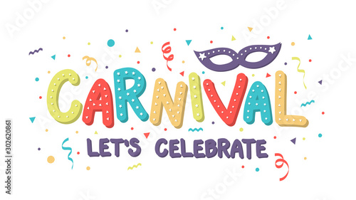 Carnival - colorful banner with mask and serpentines. Vector
