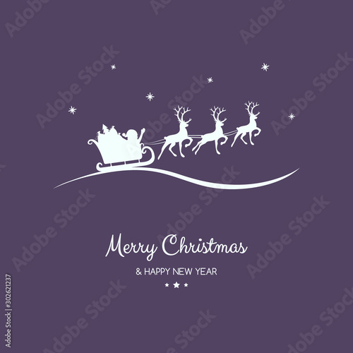 Design of Christmas greeting card with with cartoon Santa Claus and reindeers. Vector.