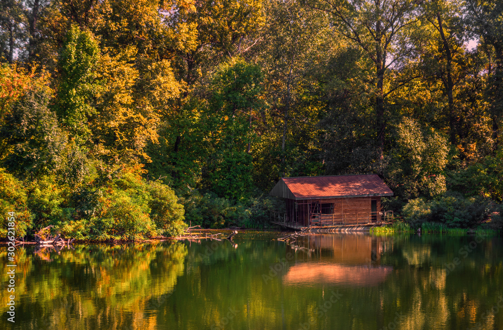 Abandoned house on the river bank, surrounded by a beautiful forest.
