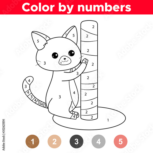 Coloring page for preschool children. Learn numbers and colors. The cat sharpens its claws. Kawaii cartoon kitten. Pets life.