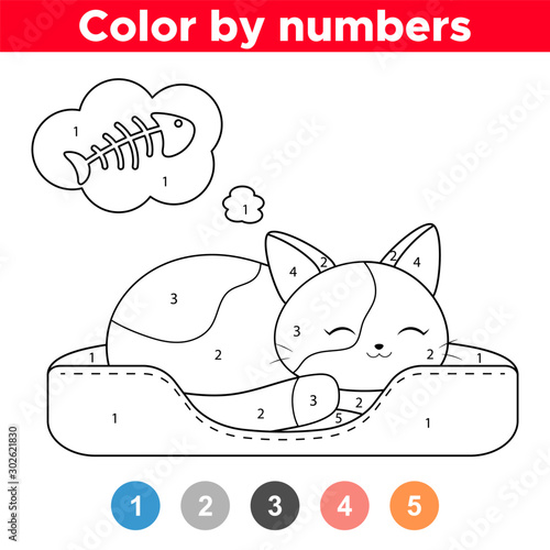 Educational game for kids, color by numbers. Kawaii cat is sleeping and dreaming about fishbone.