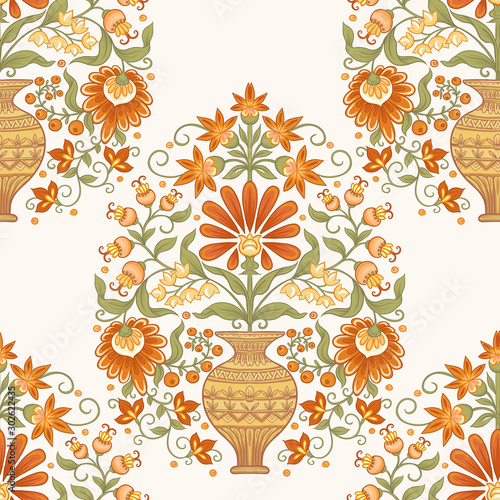 Tradition mughal motif, fantasy flowers in retro, vintage style. Seamless pattern, background. Vector illustration in beige and orange colors.