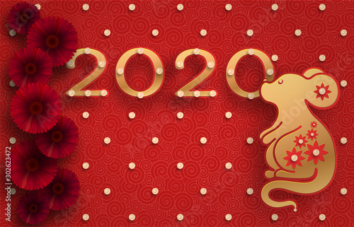 Golden mouse on a textured red background. Template on the theme of the Chinese horoscope. Eastern calendar. Year of the mouse. Free space. Greeting card.