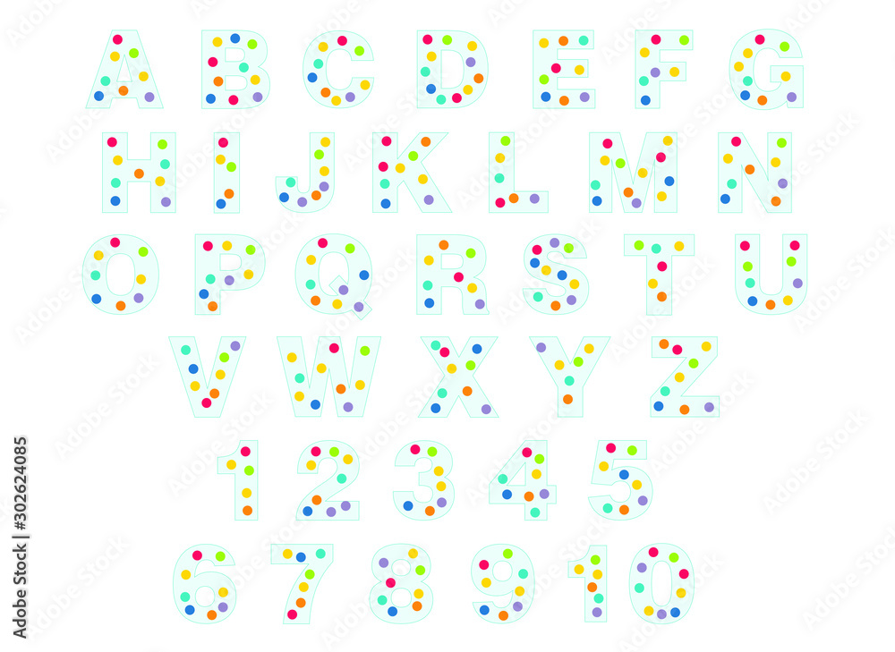alphabet for children. Kids learning material. Card for learning alphabet. colored alphabet and numbers in colored dots alphabet for children. Kids learning material. Card for learning alphabet. colored alphabet and numbers in colored dots