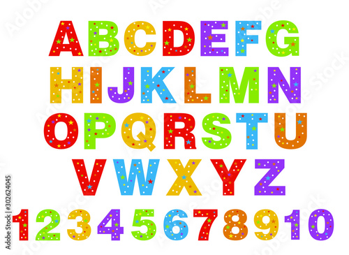 alphabet for children. Kids learning material. Card for learning alphabet. colored alphabet and numbers in white dots and stars