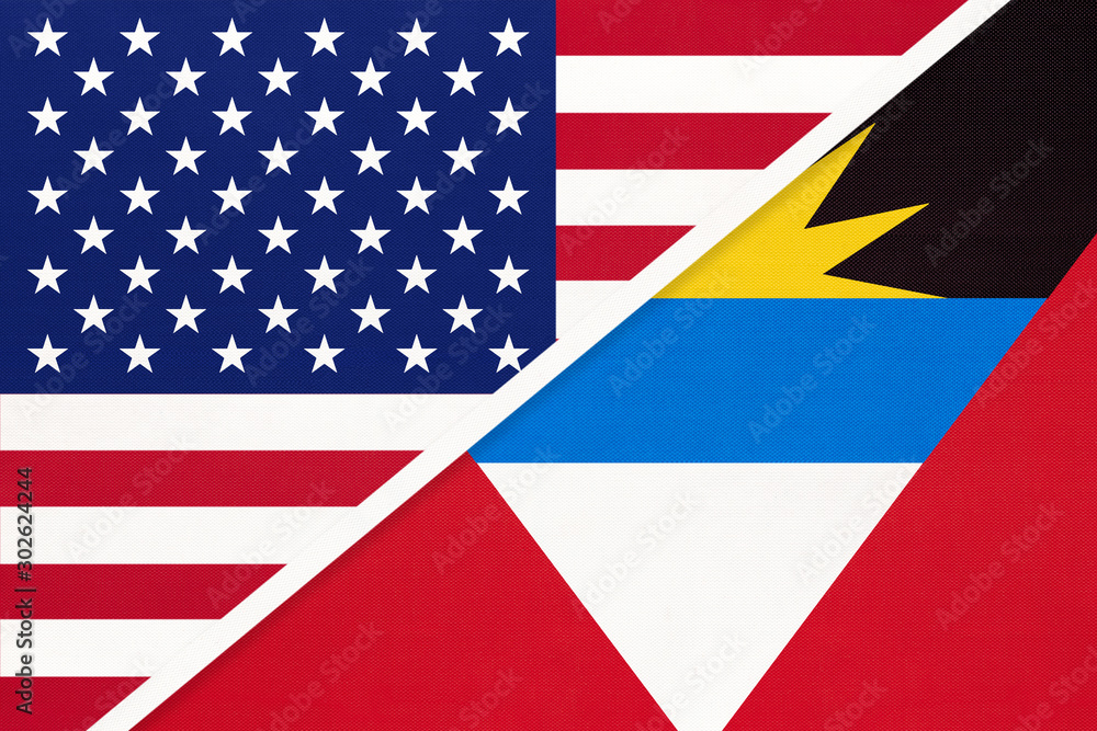 USA vs Antigua and Barbuda national flag. Relationship between two countries. USA vs Antigua and Barbuda national flag. Relationship between two countries.