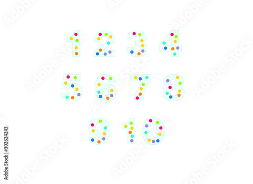 numbers for children, from 1 to 10. Kids learning material. Card for learning numbers. Number 1-10.blue numbers in colored dots