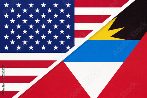 USA vs Antigua and Barbuda national flag. Relationship between two countries.