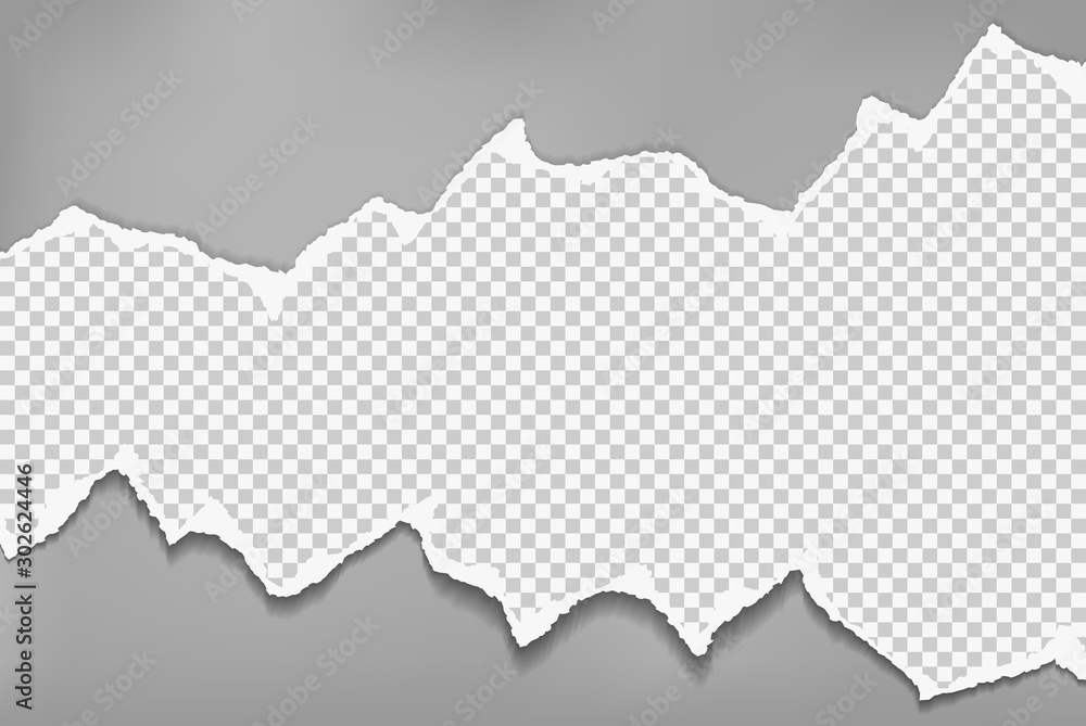 Piece of torn, white squared realistic horizontal paper strip with soft shadow is on dark grey background. Vector illustration