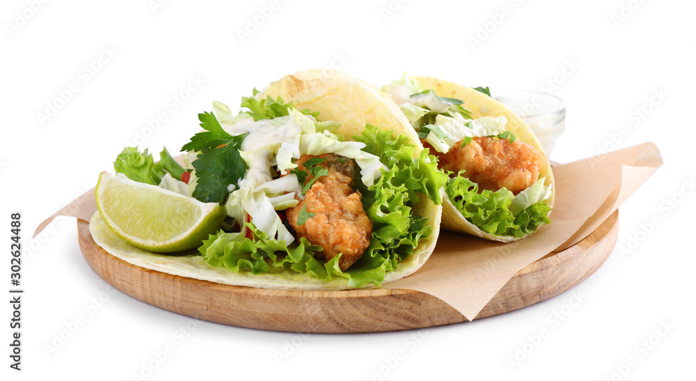 Yummy fish tacos with lettuce isolated on white Yummy fish tacos with lettuce isolated on white