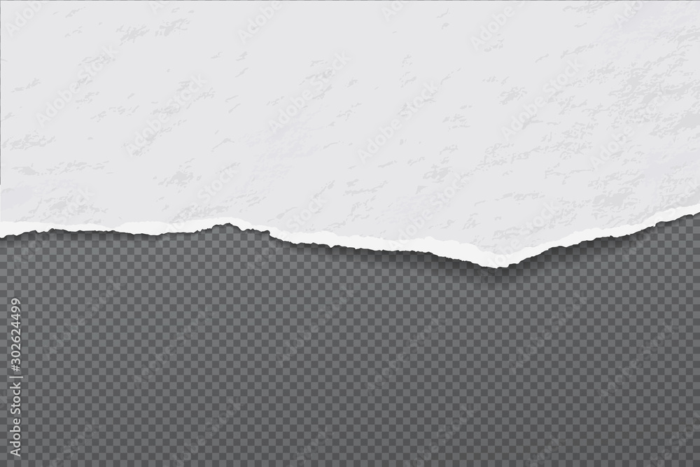 Torn, ripped piece of white and horizontal paper with soft shadow is on dark grey squared background. Vector illustration Torn, ripped piece of white and horizontal paper with soft shadow is on dark grey squared background. Vector illustration