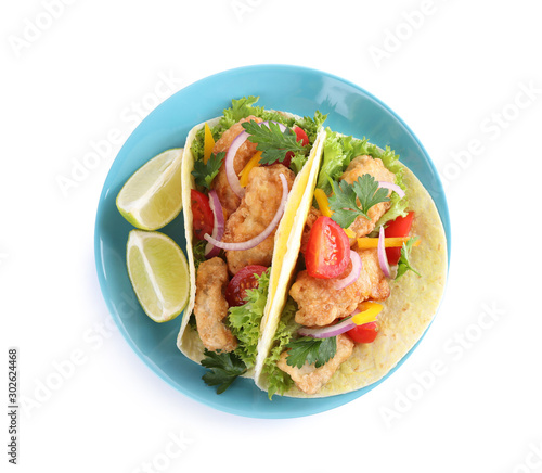 Yummy fish tacos isolated on white, top view