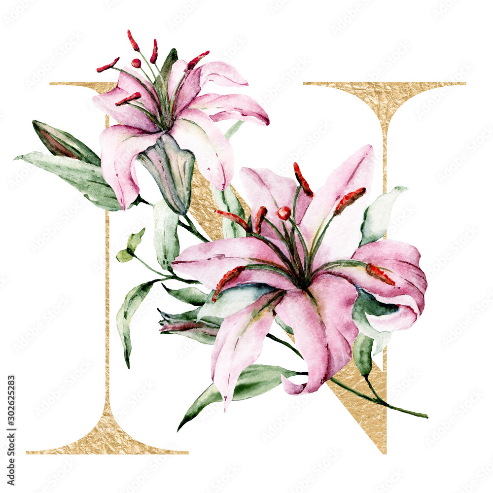 Gold alphabet, letter N with watercolor flowers lilies and leaves ...