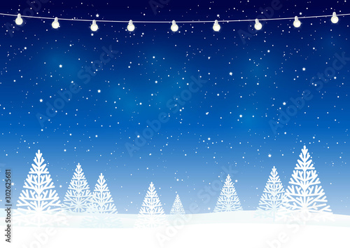Greeting card with Christmas trees on starry night background for winter holiday design