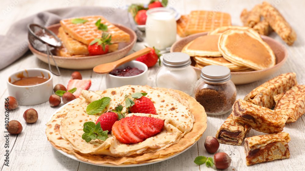 assorted of crepe, pancake and waffle with fruit and chocolate assorted of crepe, pancake and waffle with fruit and chocolate