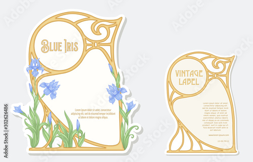 Iris flower. Set of 2 labels, decorative frames, borders. Good for product label. with place for text. Vector illustration. In art nouveau style, vintage, old, retro style. Isolated on white..