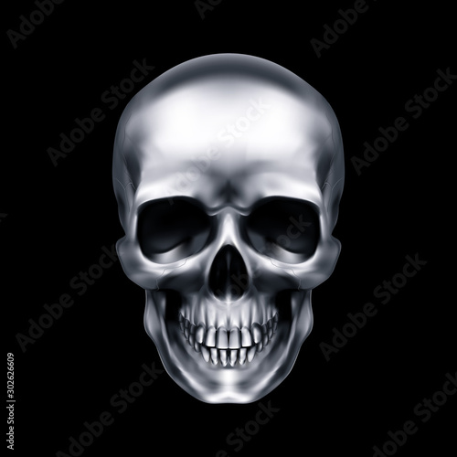 Human Metallic Skull. The Concept of Death, Horror. A Symbol of Spooky Halloween. Isolated Object on a Black Background, Can be Used with any Image