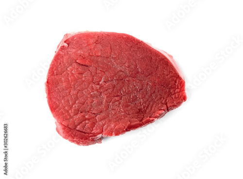 Fresh raw beef cut isolated on white, top view