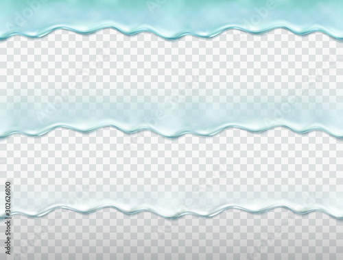 Water drip seamless pattern isolated on transparent background. Blue splash serum, collagen or melt ice texture. Vector flow liquid gel border template.